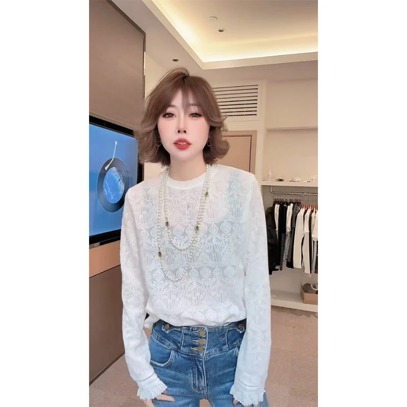 欧货气质穿搭温柔风气质穿搭蕾丝衫洋气微透圆领显瘦百搭上衣女