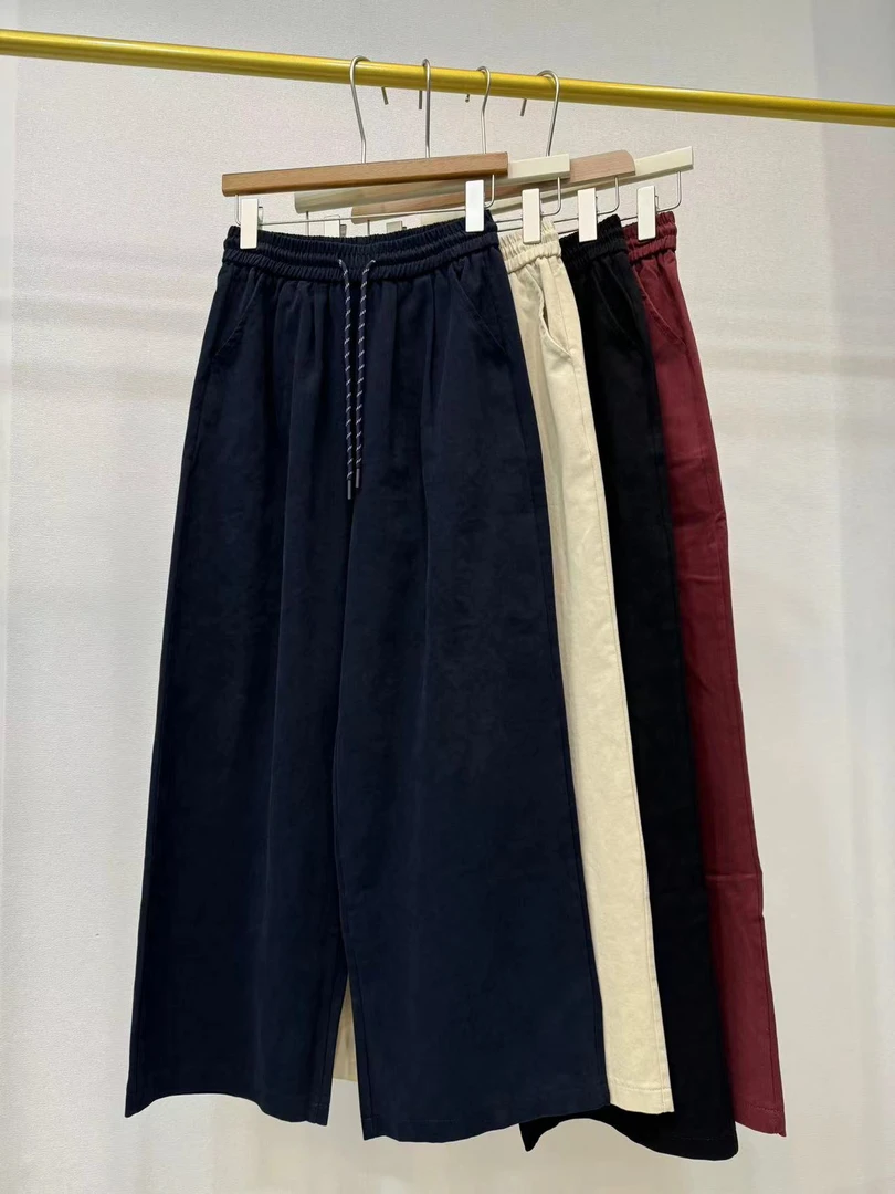 水洗棉安格拉红休闲女裤2025春秋百搭松紧腰纯色时尚潮流阔腿长裤