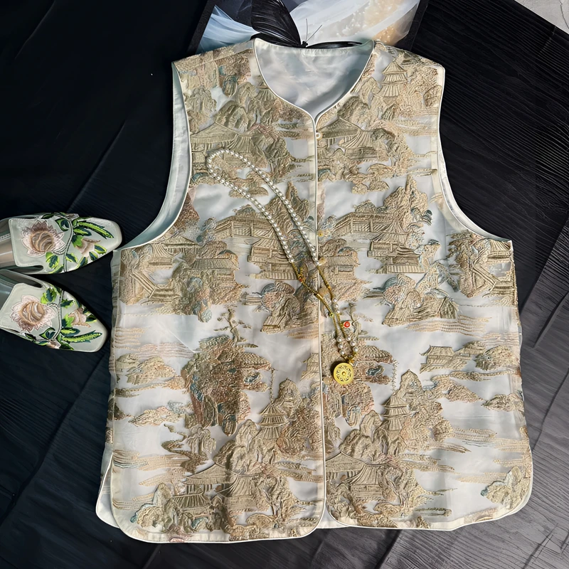 【梦回大唐】国风新中式复古唐装圆领女款马夹提花双面刺绣马甲