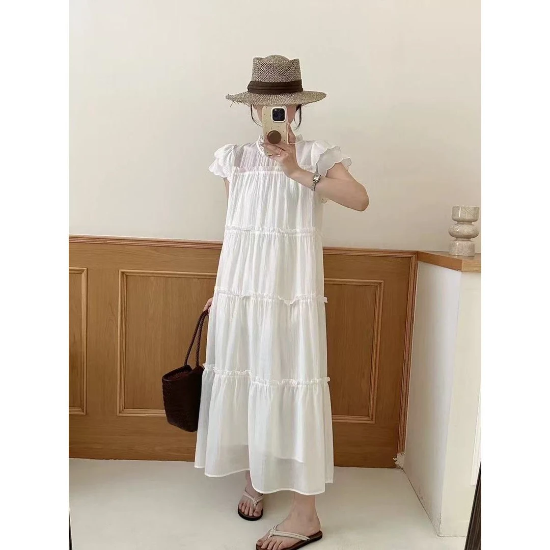 甜美飞飞袖中长款连衣裙时尚高腰女装L430