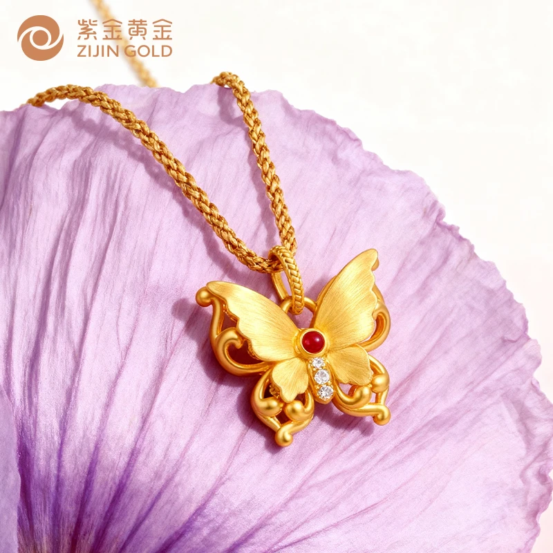 紫金丝缎金蝶镶嵌刻丝吊坠 足金999手工刻丝镶嵌天然钻石红玛瑙