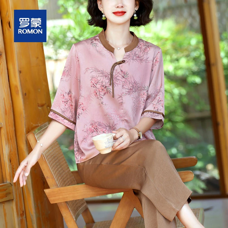 罗蒙新款中老年时尚国风小衫两件套高档气质奶奶装50多岁妈妈套装