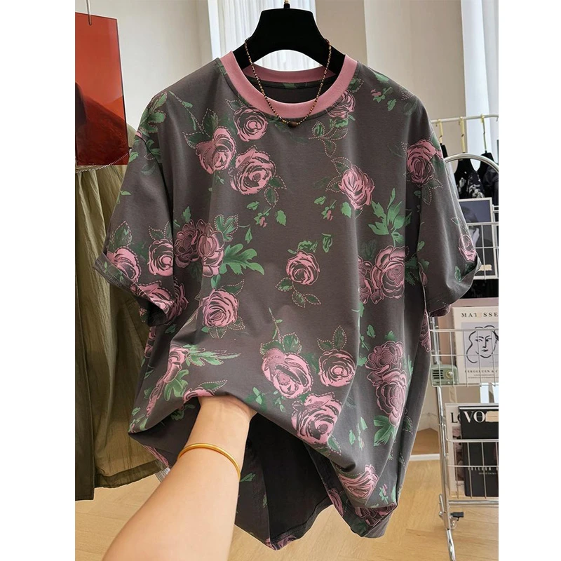 设计感复古印花短袖圆领T恤女夏季重磅宽松大码上衣小众百搭潮流