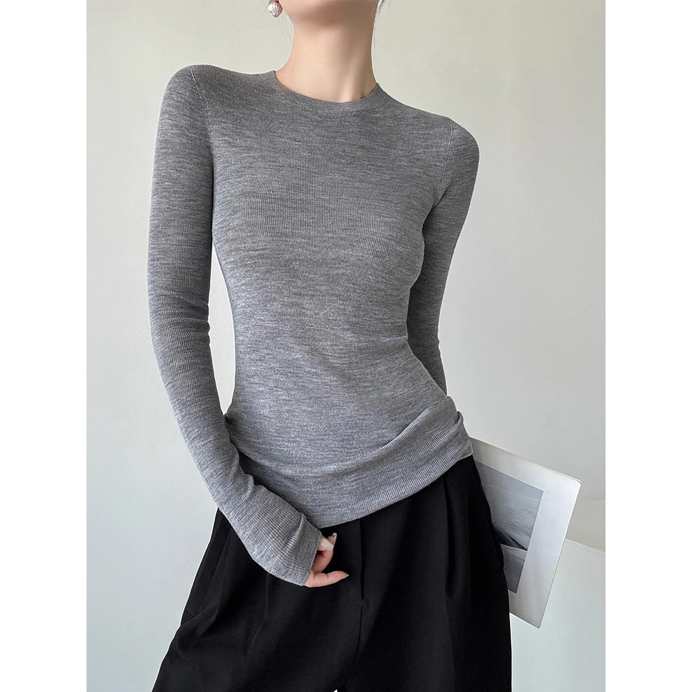 法式气质圆领套头灰色显瘦女秋冬百搭修身上衣打底高级长袖针织衫