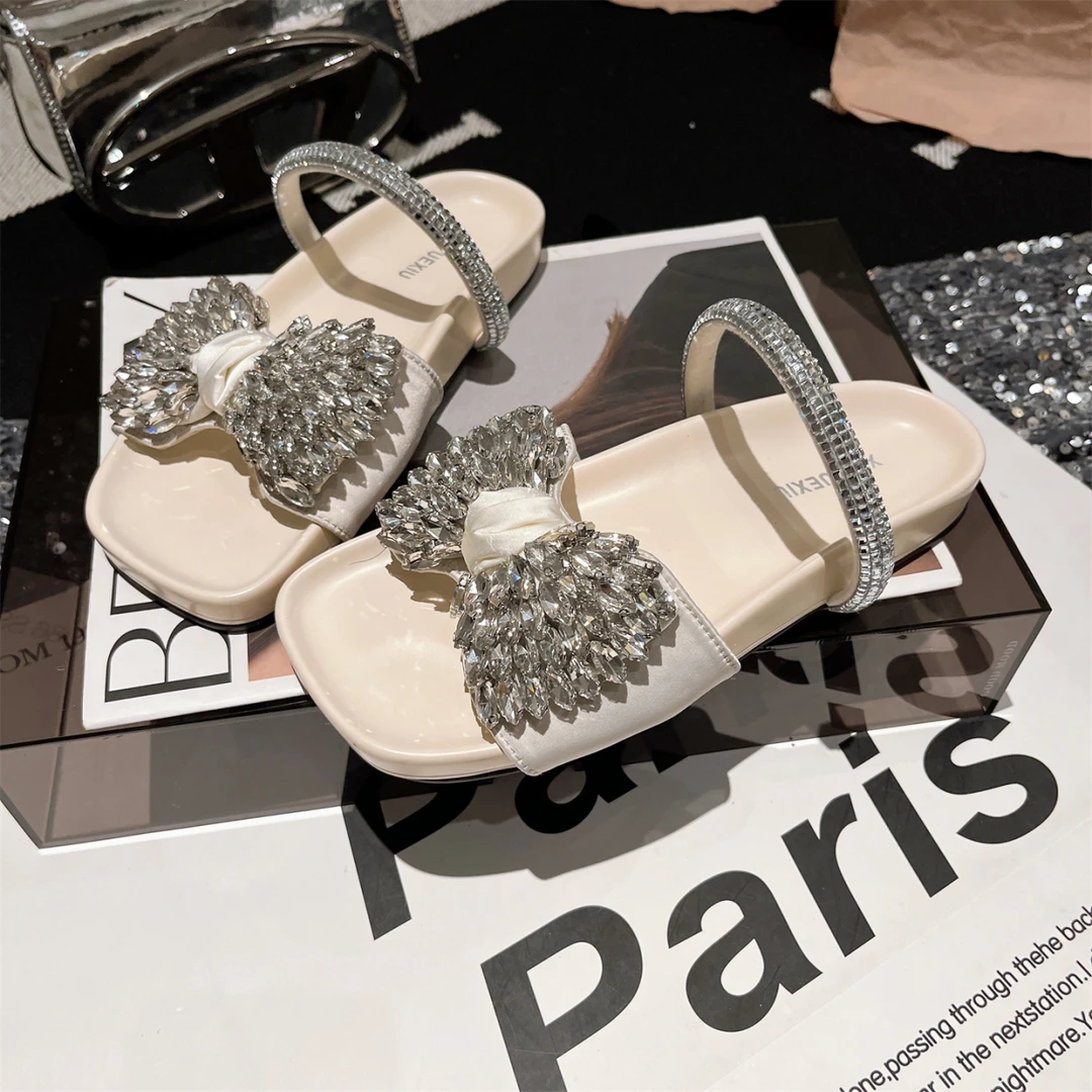 欧货高级感水钻蝴蝶结时尚凉拖鞋女2025夏季新款外穿仙女风一字拖