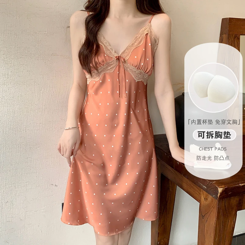 吊带睡裙女款夏季冰丝网红新款性感纯欲带胸垫法式棕色小波点睡衣