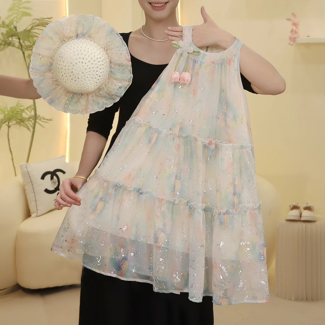 女童连衣裙2025夏季高级感碎花撒银挂脖连衣裙公主裙5230001728