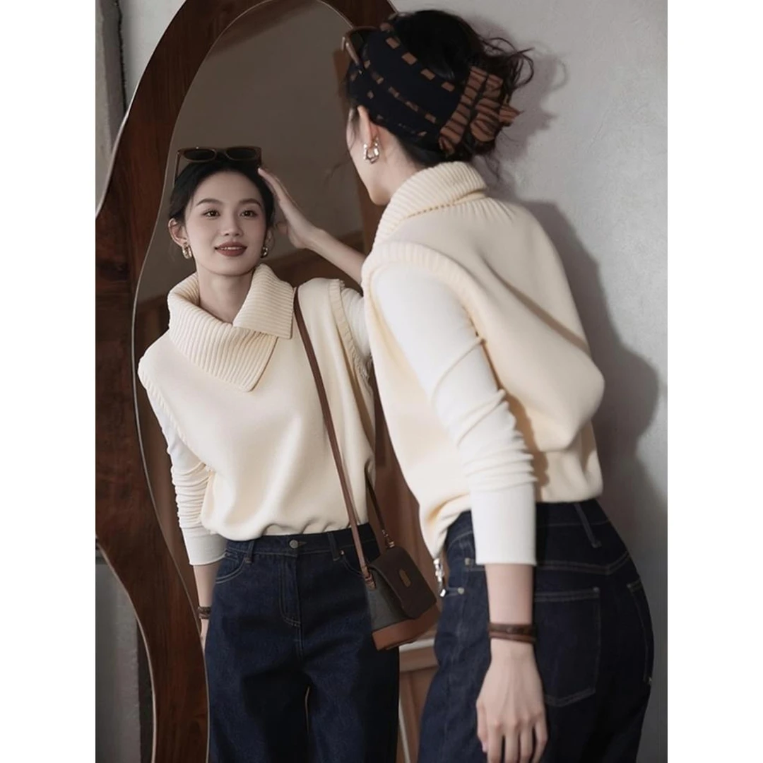 秋季别致独特小众不撞款软糯慵懒风超好看米白色针织背心两件套装