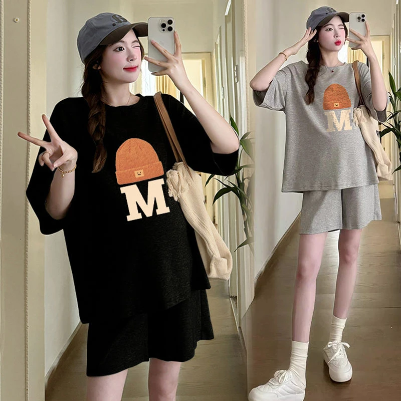 孕妇套装夏装夏季小个子宽松薄款短袖上衣托腹短裤外出休闲两件套