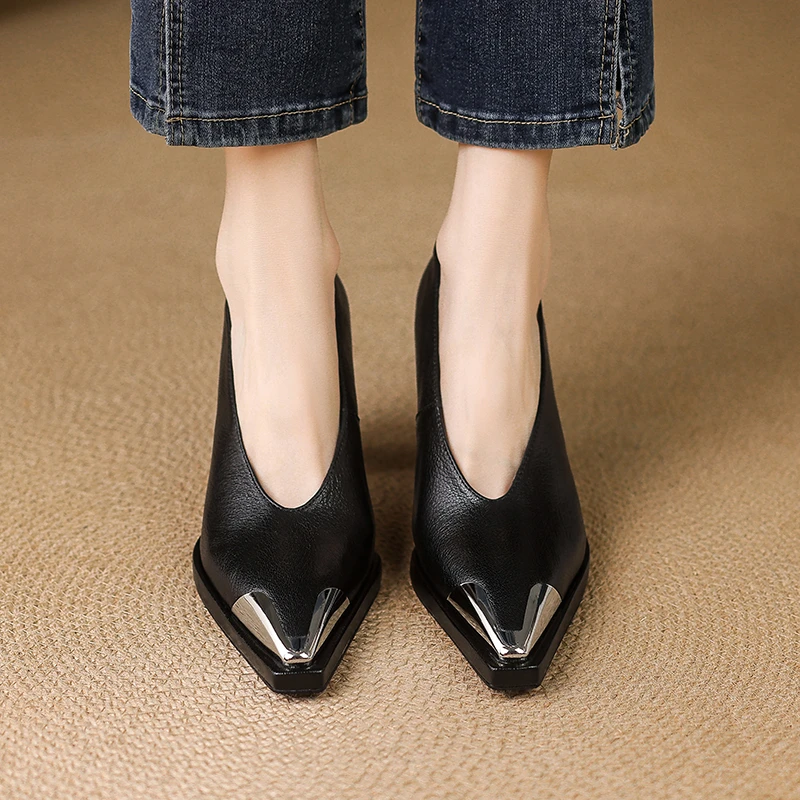 玥小姐手工女鞋8.5cm粗跟尖头气质单鞋软羊皮奶奶鞋防水台高跟鞋