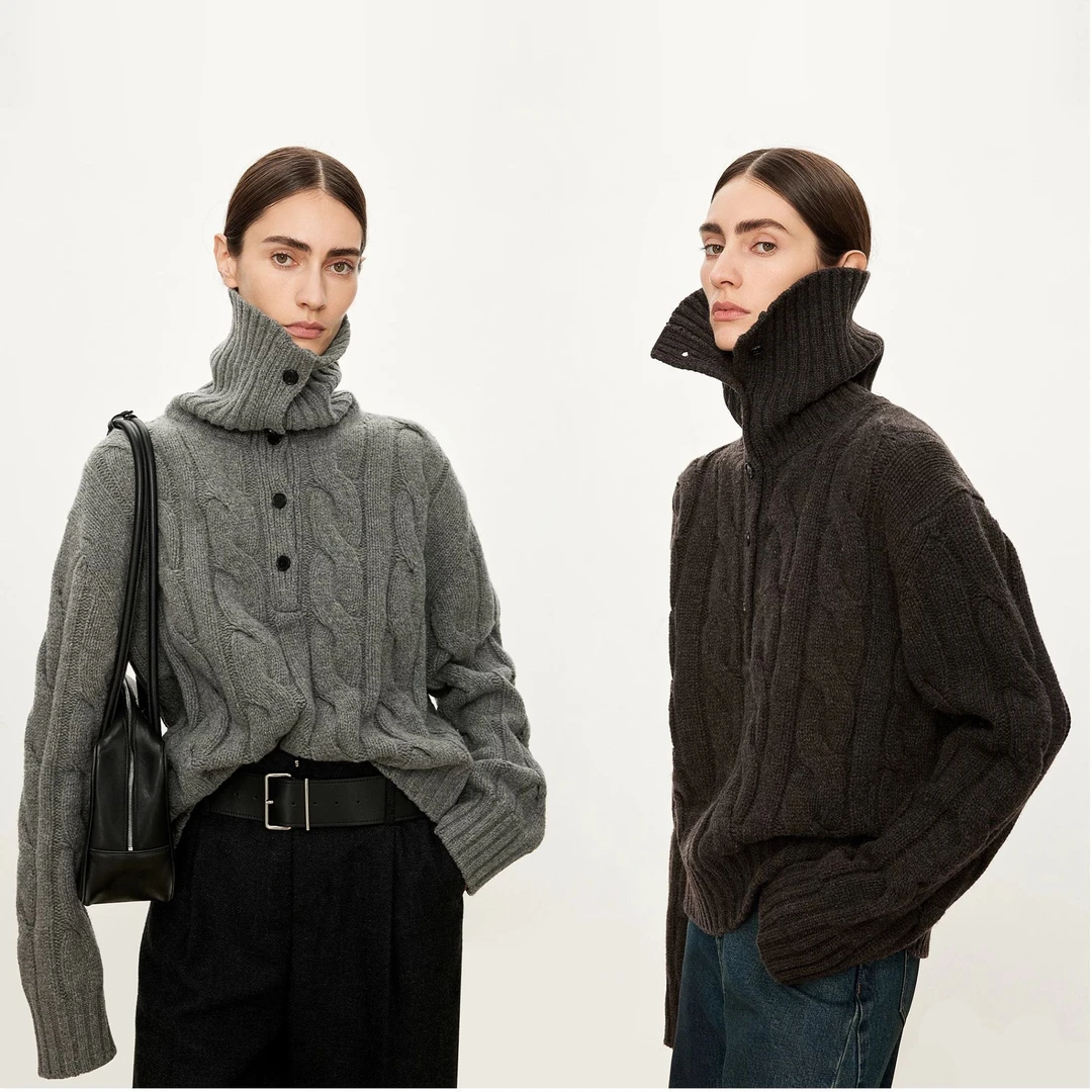 CHICJOC复古老钱立体粗针绞花英式羊毛_多造型立/翻领倒T廓形毛衣