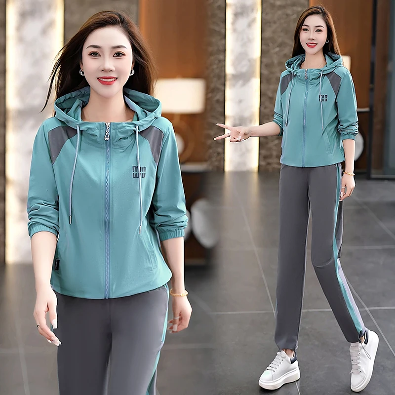 休闲套装女秋季新款开衫女士梭织两件套韩版洋气宽松小个子妈妈装