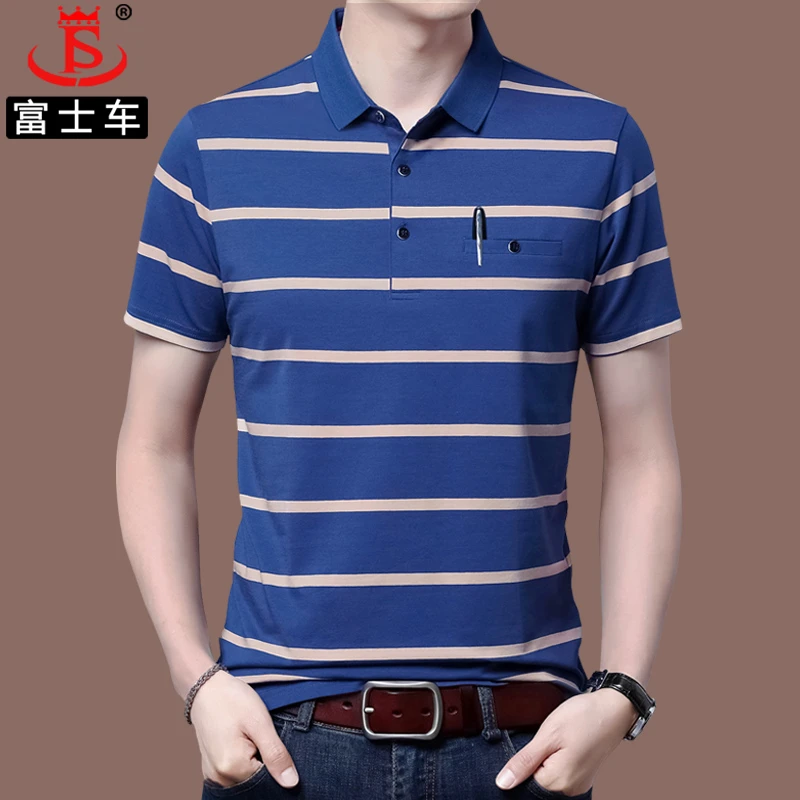 【纯棉】中老年男士短袖t恤夏新款翻领口袋爸爸polo衫条纹男装上衣