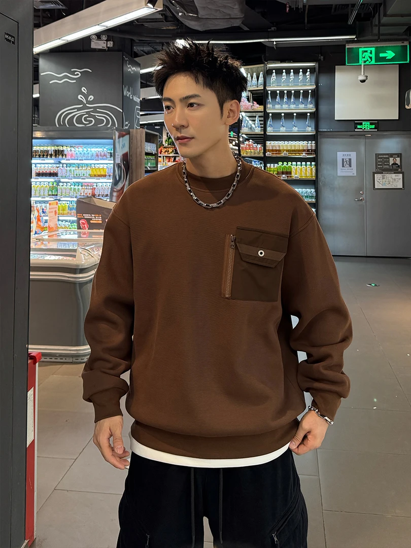 qc89890加绒口袋拉链卫衣上衣百搭宽松男生秋冬款潮流休闲长袖