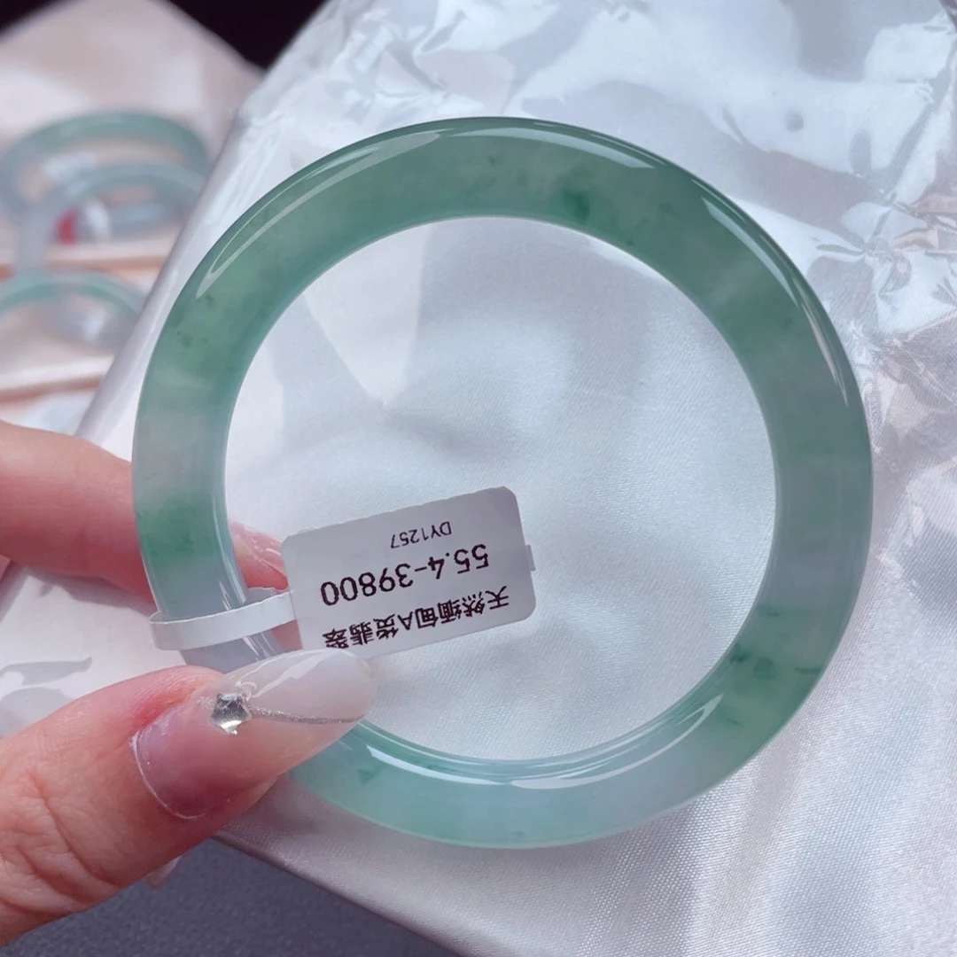 翡翠手镯未镶嵌55.4蓝冰山水意境镯 冰透炸光透肤色 49号