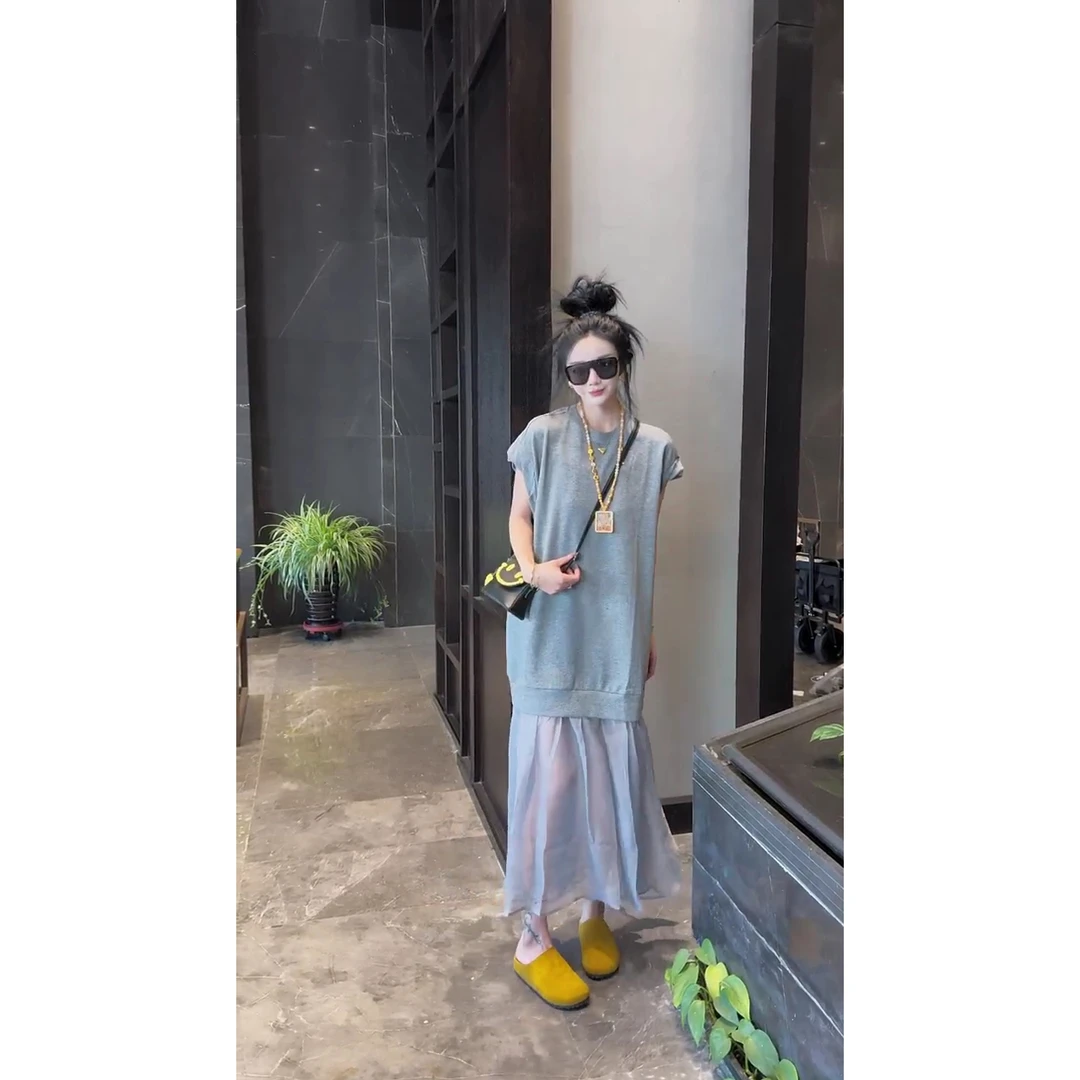 夏季时尚宽松欧货洋气设计感拼接纱摆坎袖连衣裙