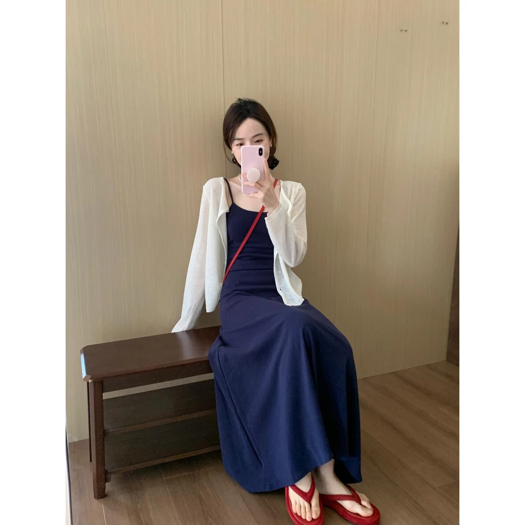 2025年法式气质显瘦白色外套深蓝色吊带裙女夏季高级感连衣裙套装