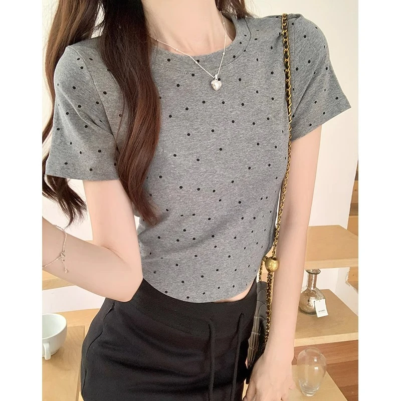 灰色波点时尚短袖T恤女洋气露脐百搭正肩小个子显瘦棉氨纶甜辣风