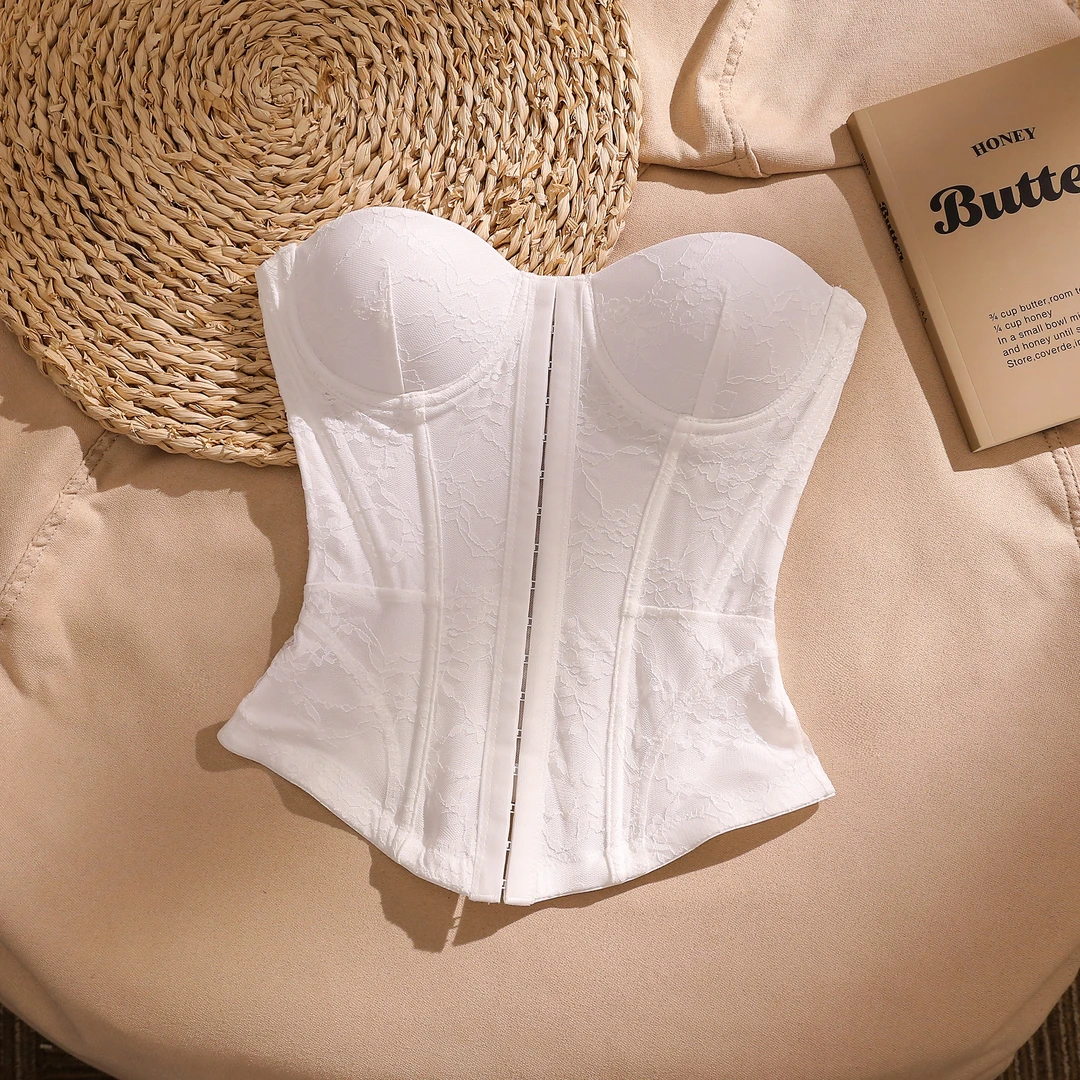 白色蕾丝鱼骨抹胸吊带背心女新款塑身修身带胸垫内搭收腰美背上衣
