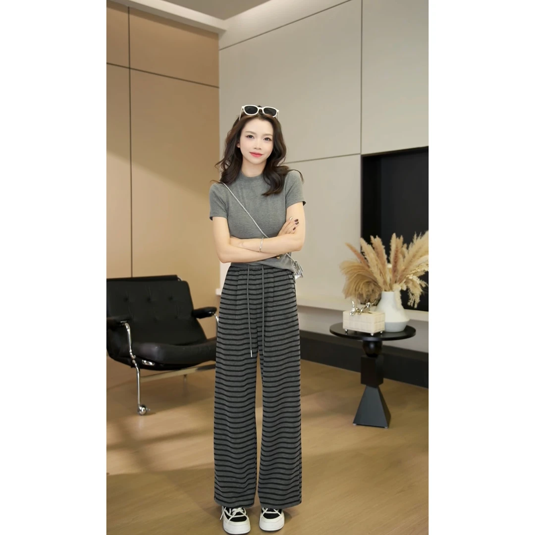 【小个子】春季宽松条纹直筒休闲松紧腰抽绳休闲裤-YJ0219