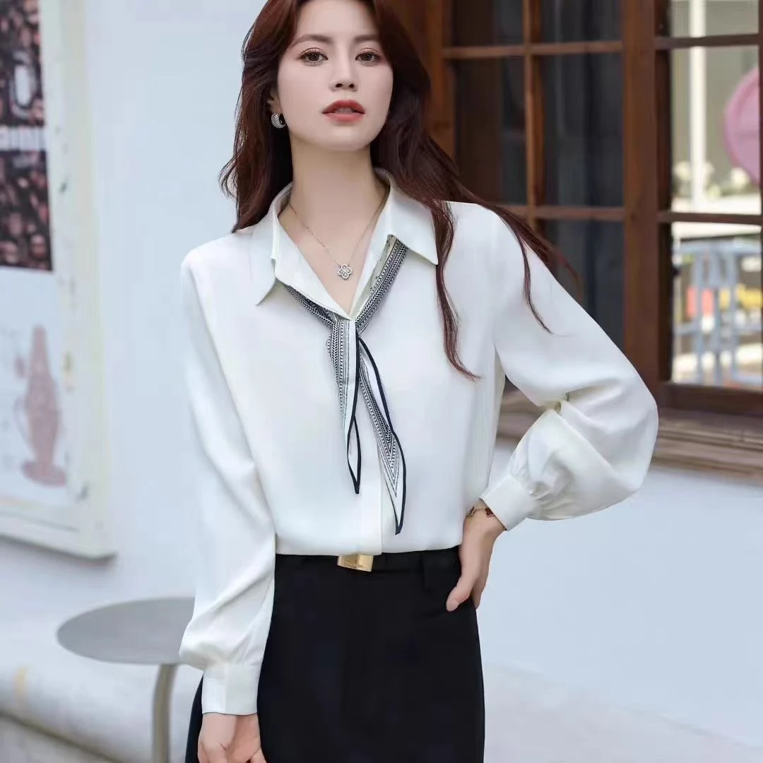 法式气质高级感丝巾飘带衬衣女缎面衬衫打底上衣秋新款职业正装OL