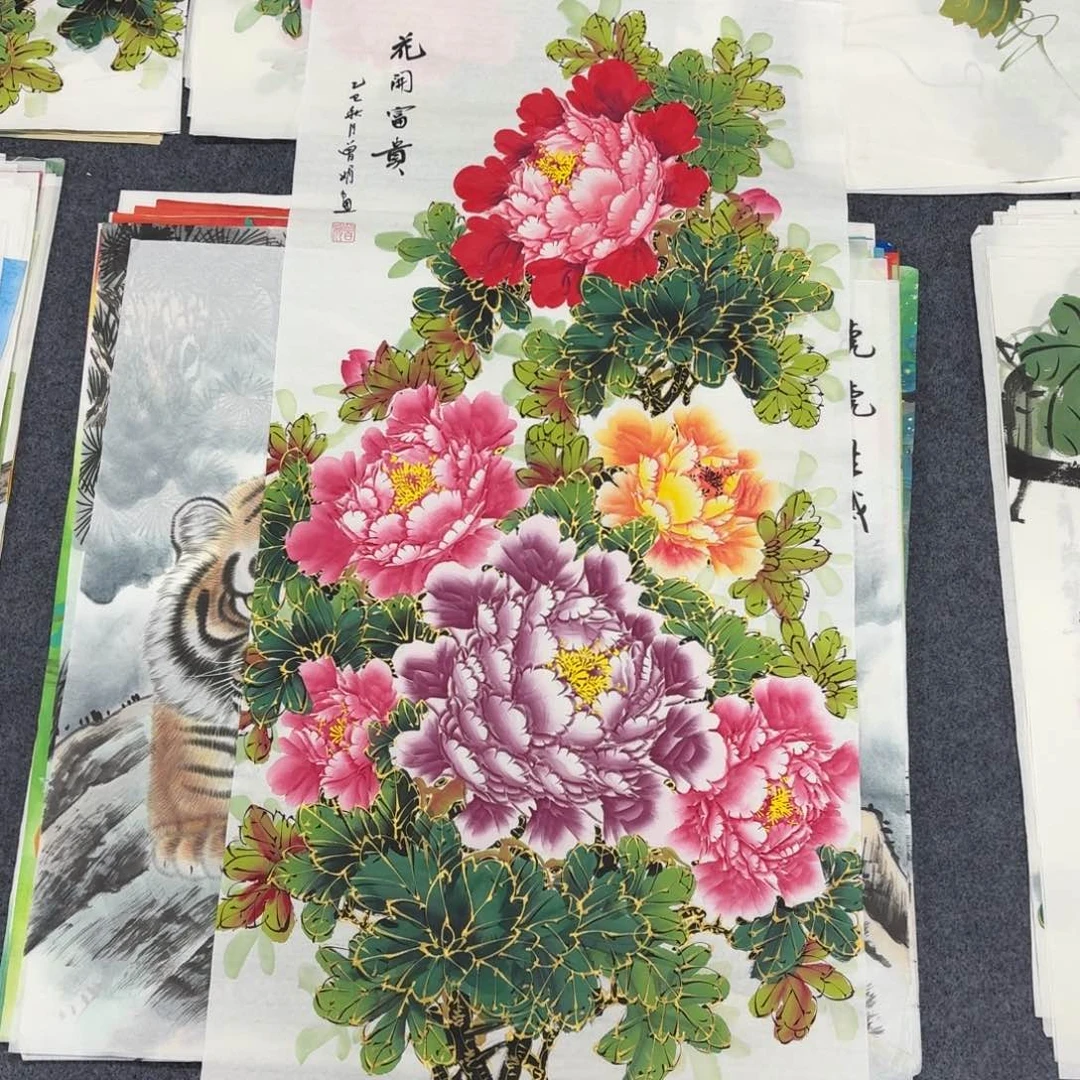 国画100×50千层金线牡丹手绘画画画