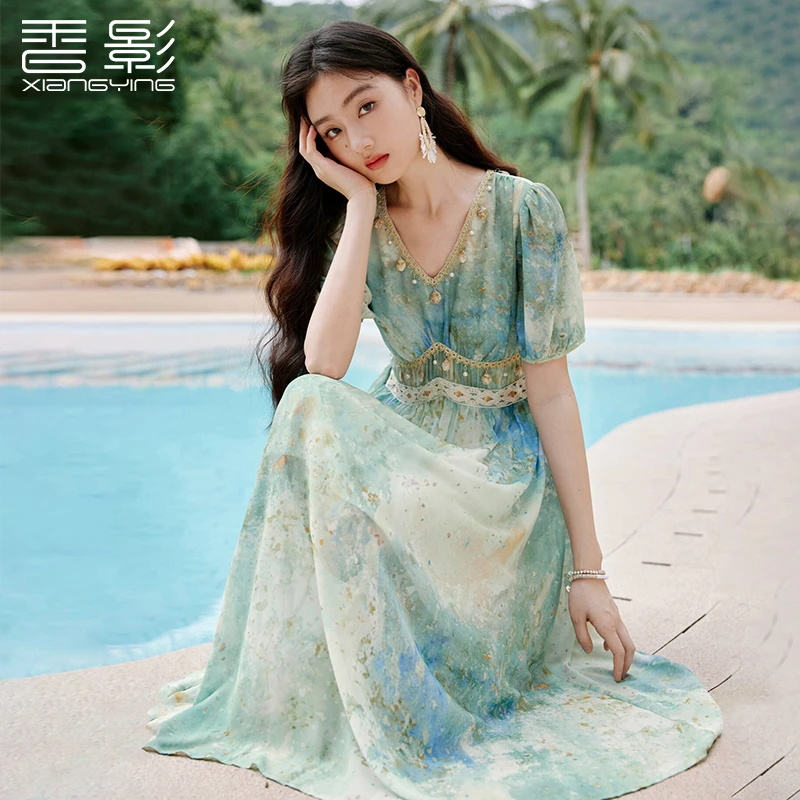 L85S709连衣裙香影贝壳织带V领连衣裙女25夏季新款度假风花边裙子