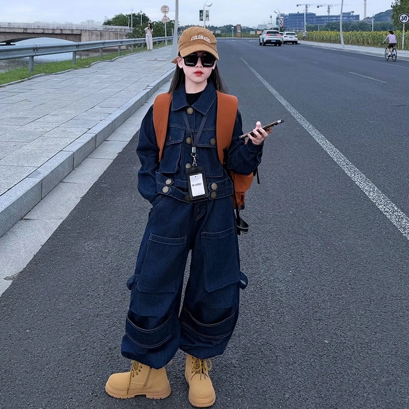 女童工装套装2025秋季新中大童复古百搭上衣设计款休闲牛仔两件套