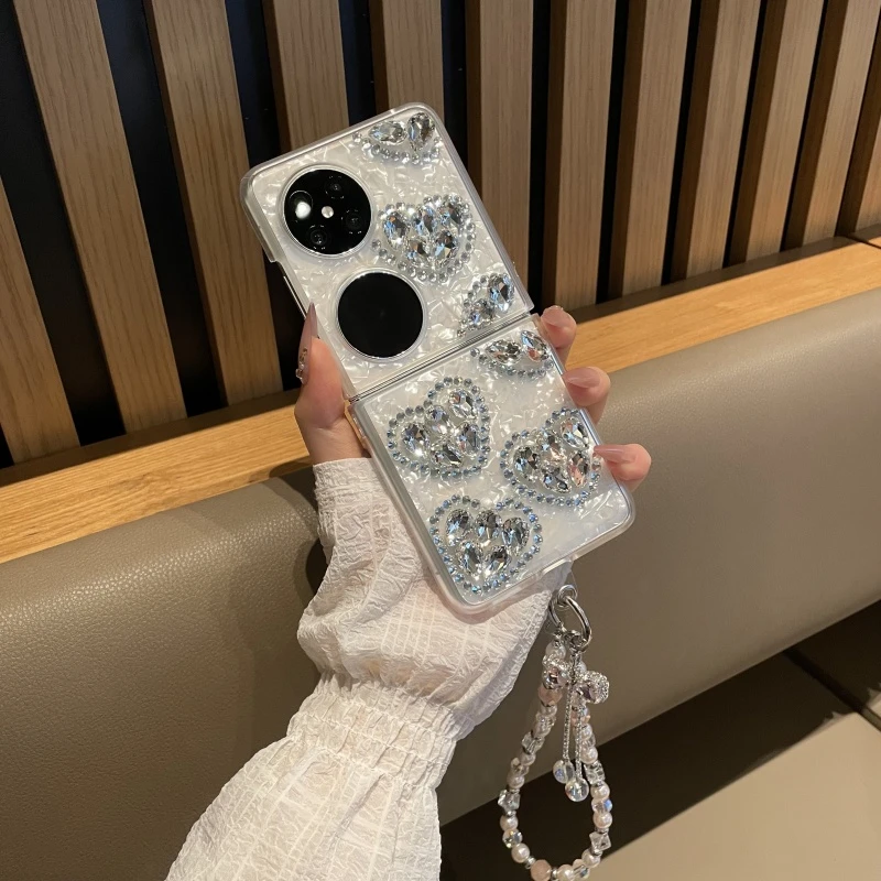 适用华为pocket2手机壳贝壳纹ins仙女风爱心钻p50手提链条保护壳