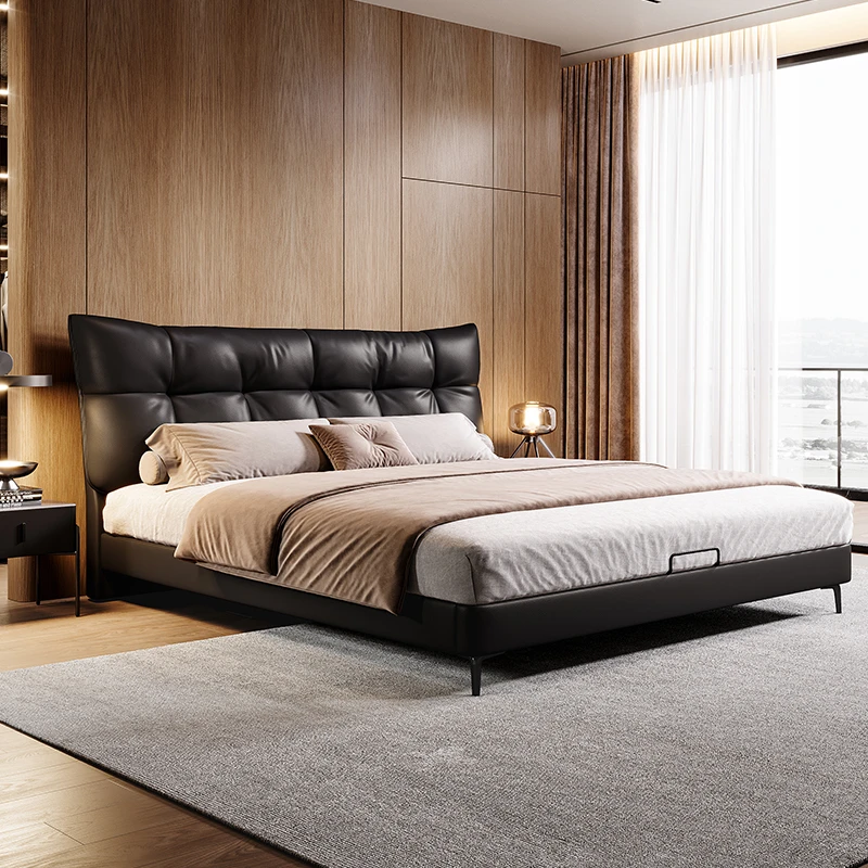 【黑帽子】可拆床头意式极简真皮床主卧床简约齐边床新款婚床【达人