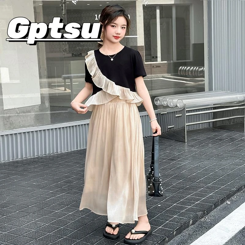 GPTSu女童夏季短袖套装2025新款儿童装时尚大童宽松阔腿裤两件套
