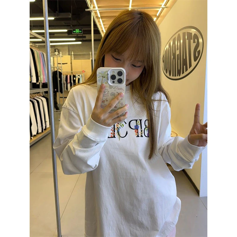 慵懒风松弛感纯棉长袖T恤女春秋季美式字母印花宽松内搭打底上衣