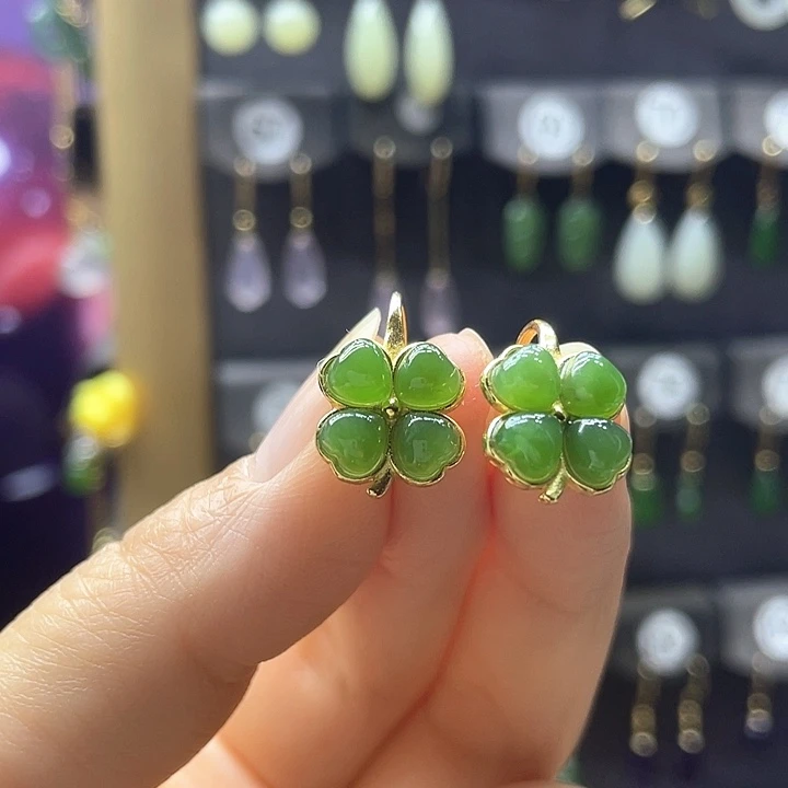 和田玉银S925镀金镶嵌耳饰