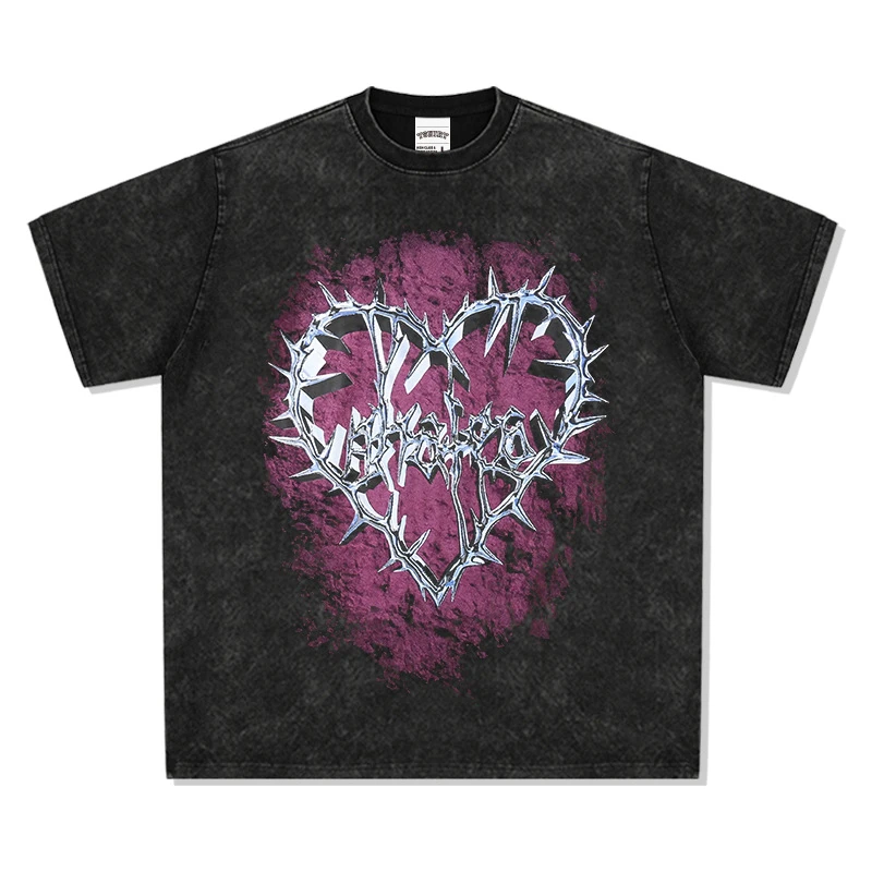 DTM复古棘刺爱心印花短袖T恤高街水洗小领口T恤男女美式美潮纯棉