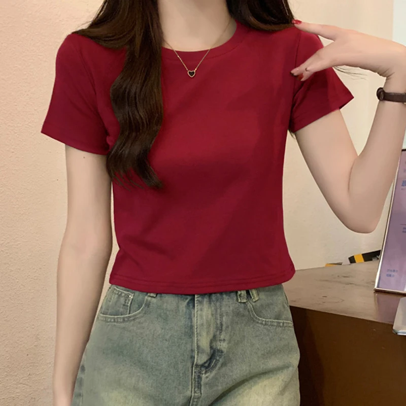 纯棉短袖t恤女2025夏季新款打底衫圆领修身百搭时尚减龄休闲上衣