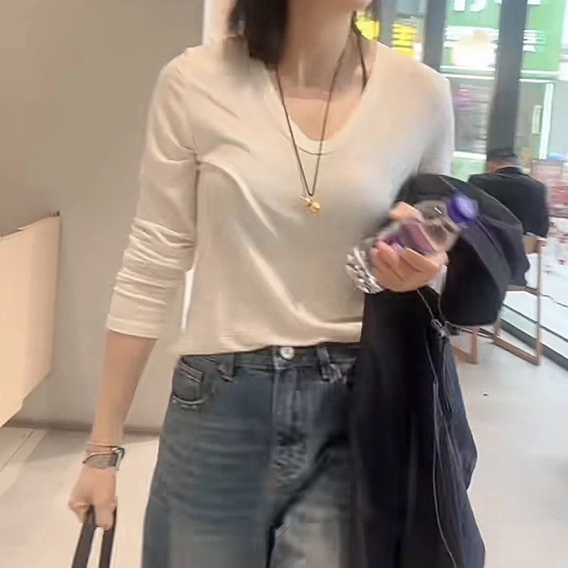 欧货V领四色长袖羊毛T恤