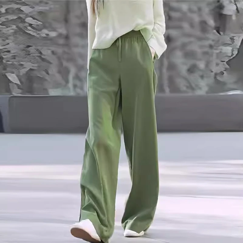 2025夏季新款女士绿色休闲裤高腰显瘦垂感松紧腰抽绳直筒长裤子潮