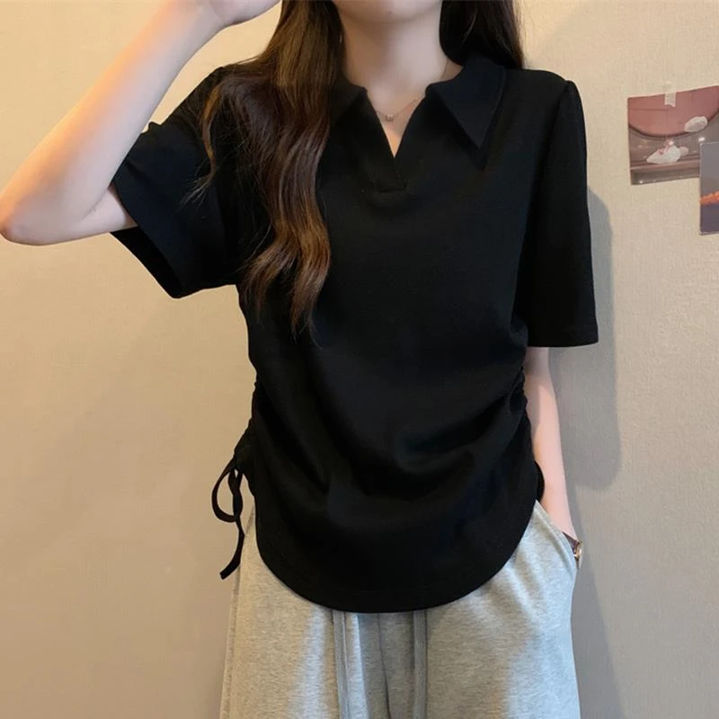 大码设计感抽绳polo领短袖t恤女夏韩版宽松显瘦胖mm遮肚正肩上衣