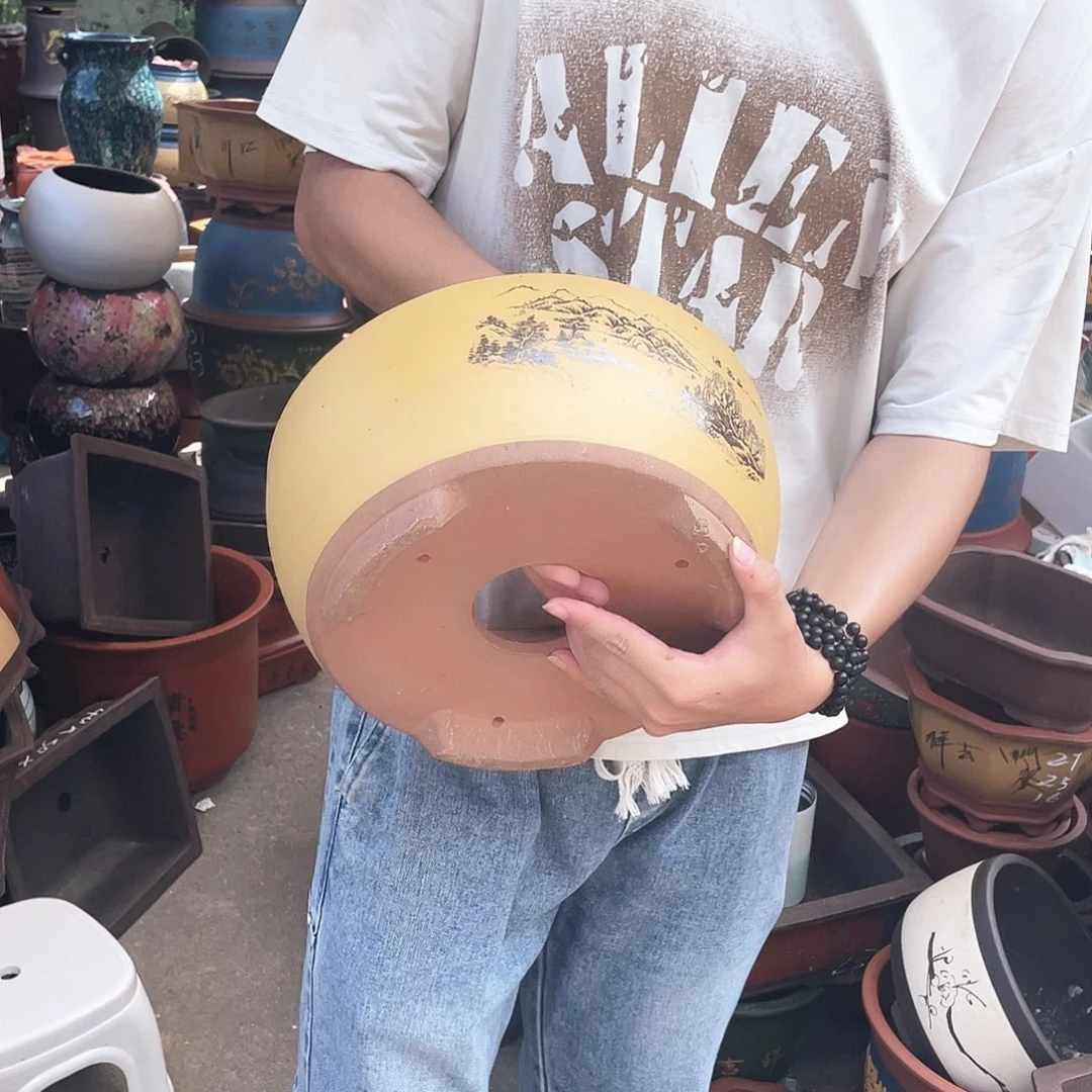 黄色江山如画中号花盆紫砂花盆