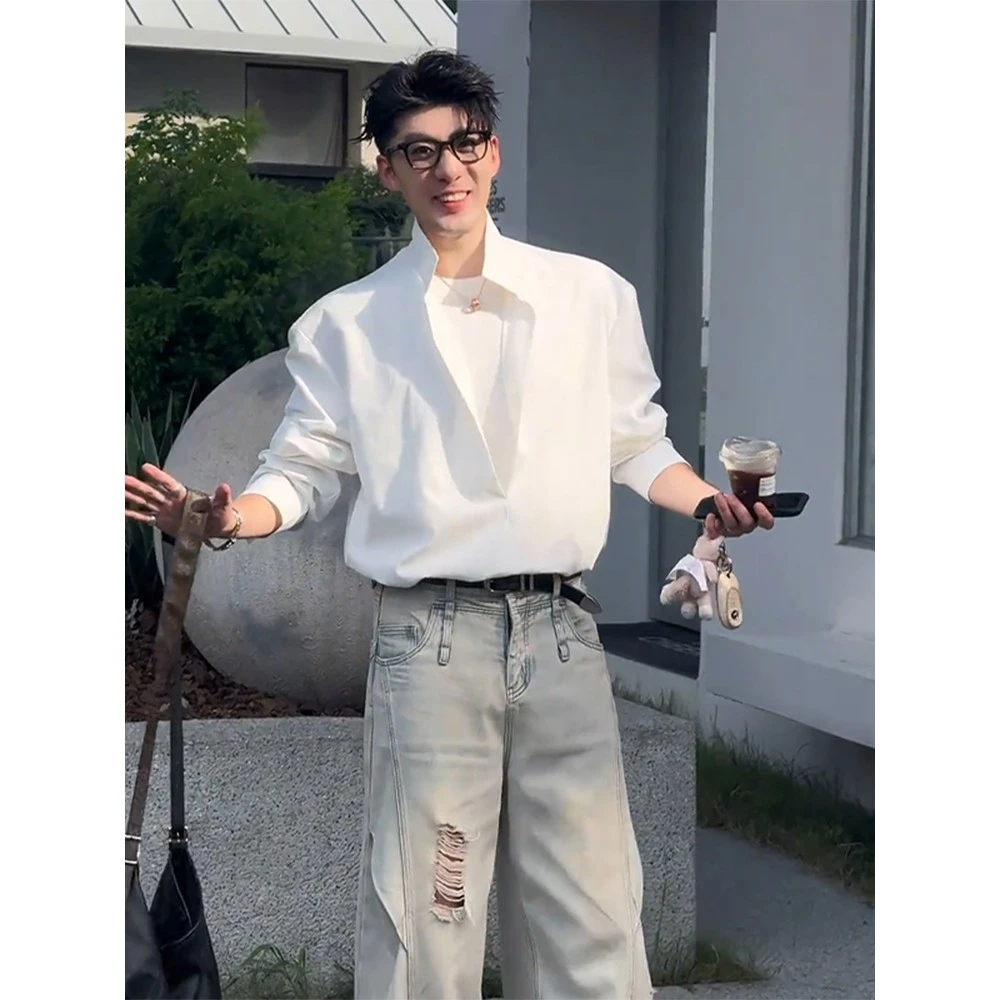 假两件白色防晒衬衫男款夏季小众不撞款穿搭冰丝立领套头长袖衬衣