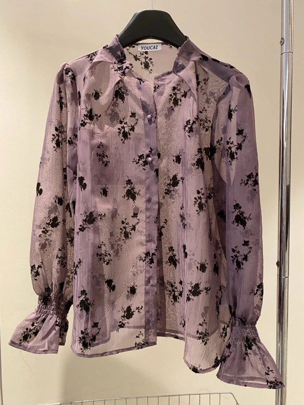 欧根纱植绒提花上衣紫色气质时尚百搭