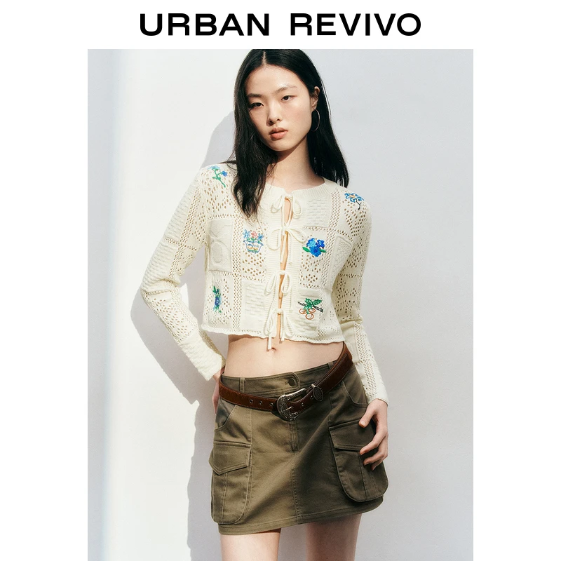 UR2025春季新款女装波嬉风肌理刺绣系带针织开衫UYL950048
