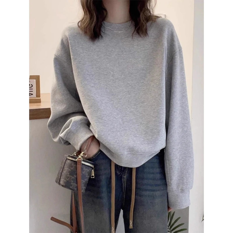 欧货灰色纯色卫衣女秋冬新款简约休闲小个子显瘦时尚短款圆领上衣