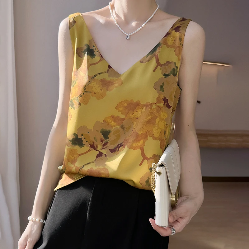 丝滑缎面V领吊带背心女印花时尚配西装打底无袖宽松外穿内搭上衣