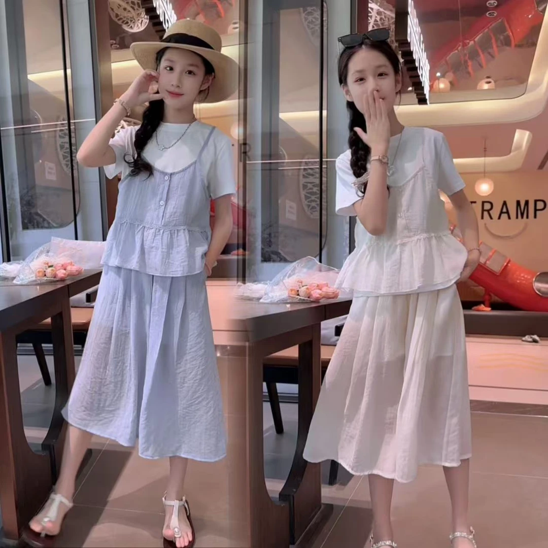 女童套装2025夏季新款时尚中大童衣服女孩洋气裙裤三件套韩版