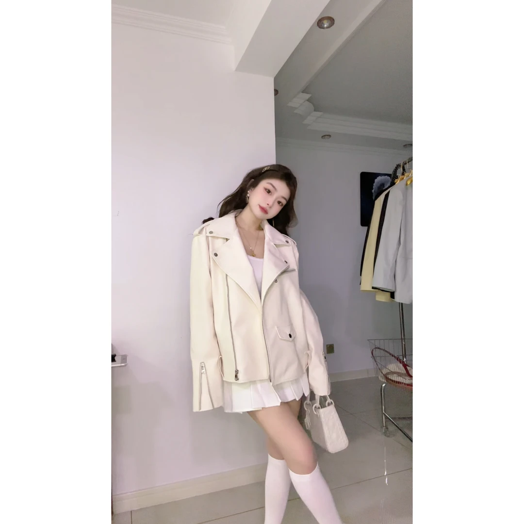 米米嘟 千金归来系列米白色设计感机车风宽松夹克