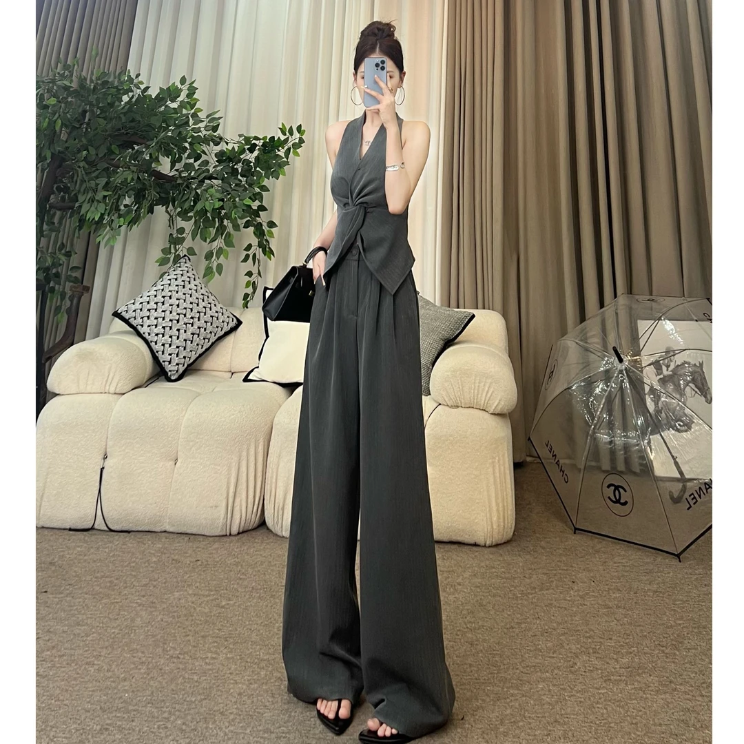 高级感夏季法式无袖扭结收腰高腰阔腿女装长裤套装百搭气质老钱风