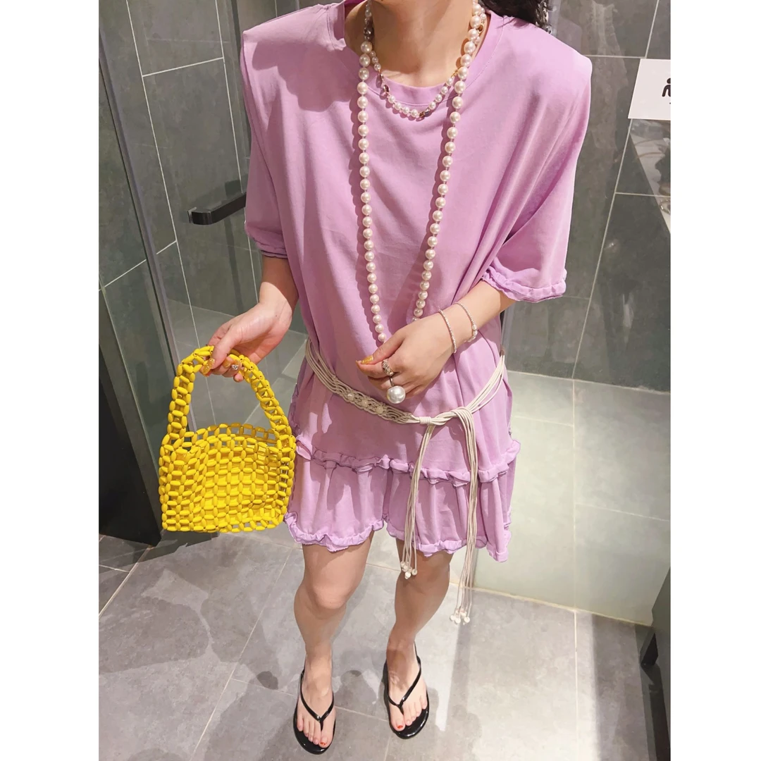 设计木耳中长款短袖t恤女夏季新款圆领纯色拼接木耳边垫肩休闲衫