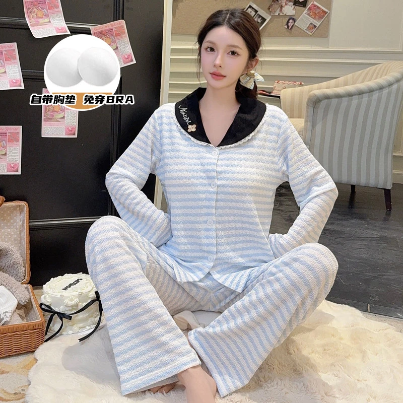 春秋季新款亲肤棉睡衣女士带胸垫韩系可爱条纹家居服长袖两件套装