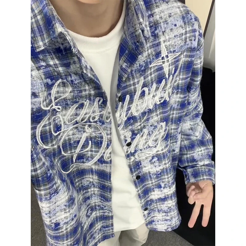 格纹字母刺绣衬衫男夏季薄款美式复古潮牌高级感长袖防晒衬衣外套